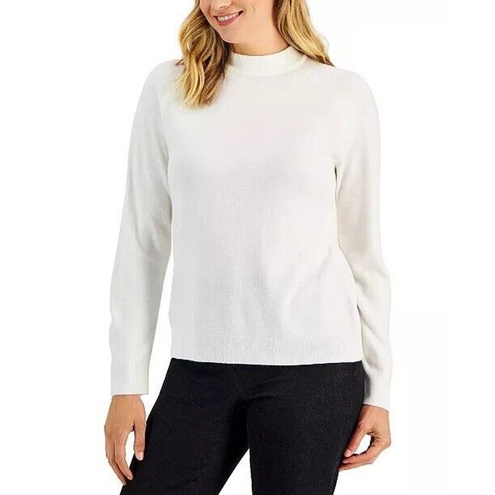Karen Scott Womens PL Mock Neck Zip-Back Sweater in Luxsoft Cream NWT